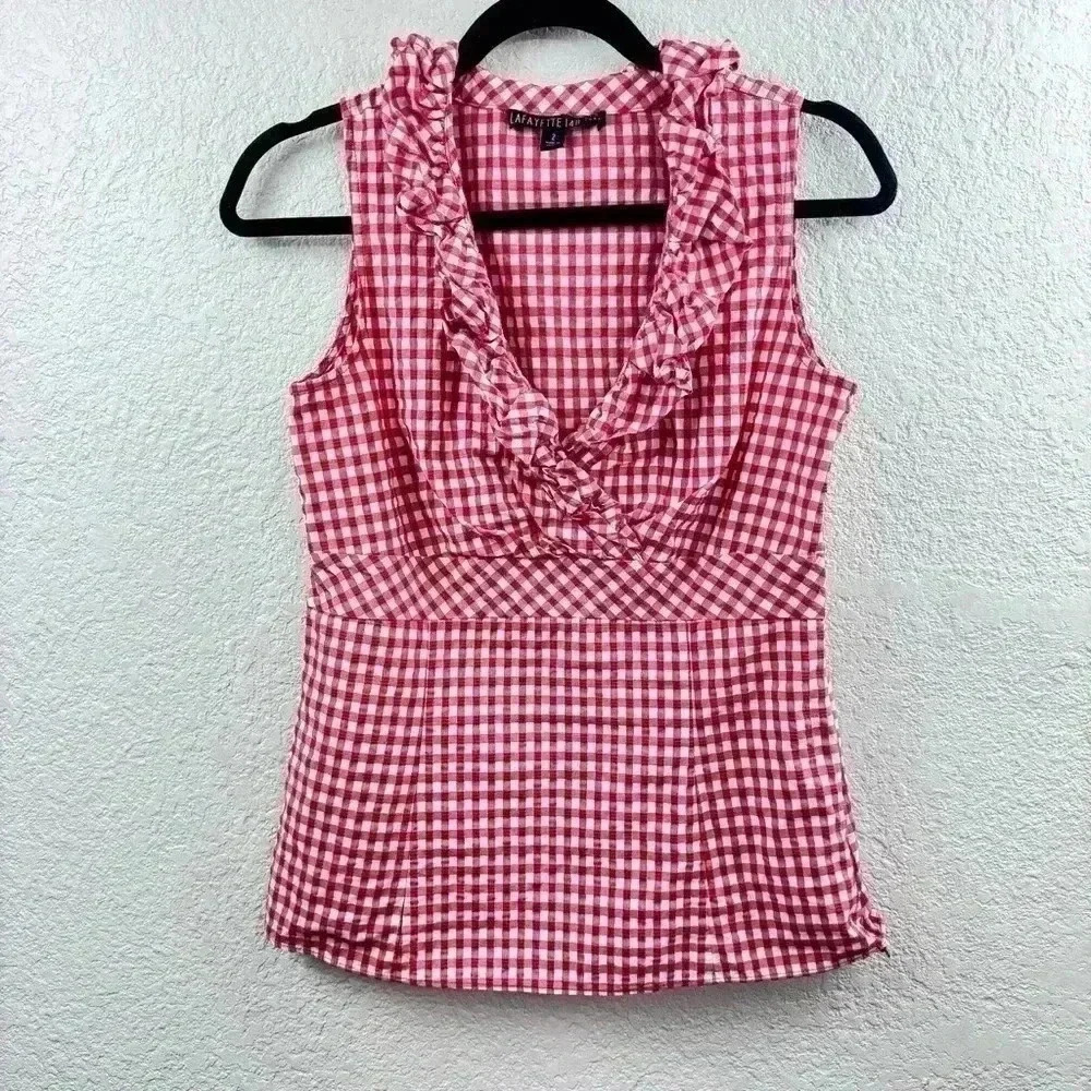 Lafayette 148 New York Gingham Sleeveless Ruffle Blouse Top Women’s Size 2